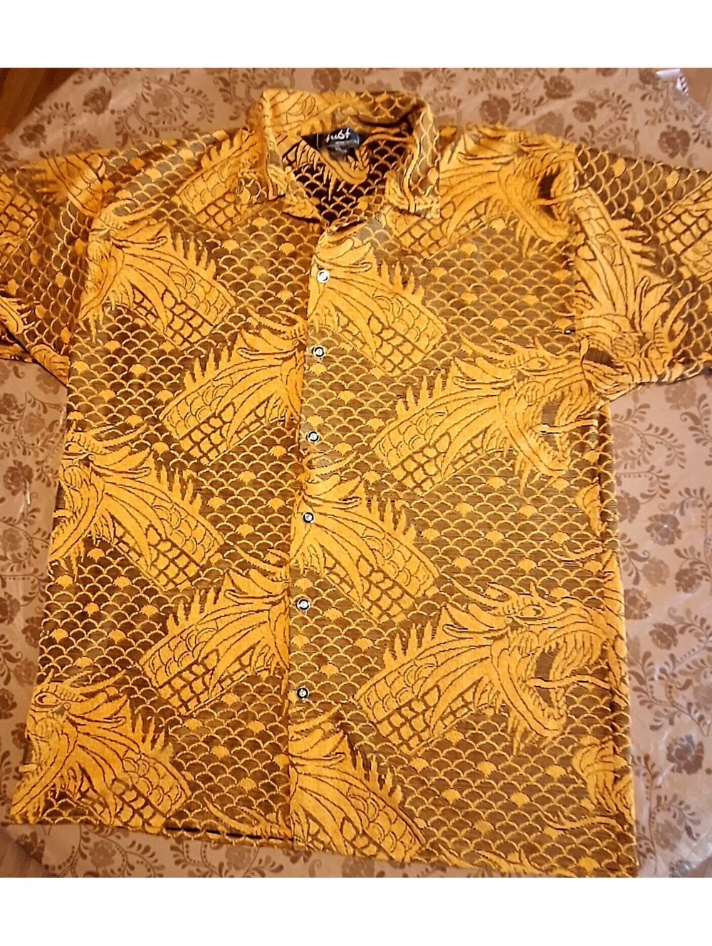 Vintage 90s TRUST COUTURE Mens Shirt 5XL Mesh Sheer Golden Dragon Graphic Button